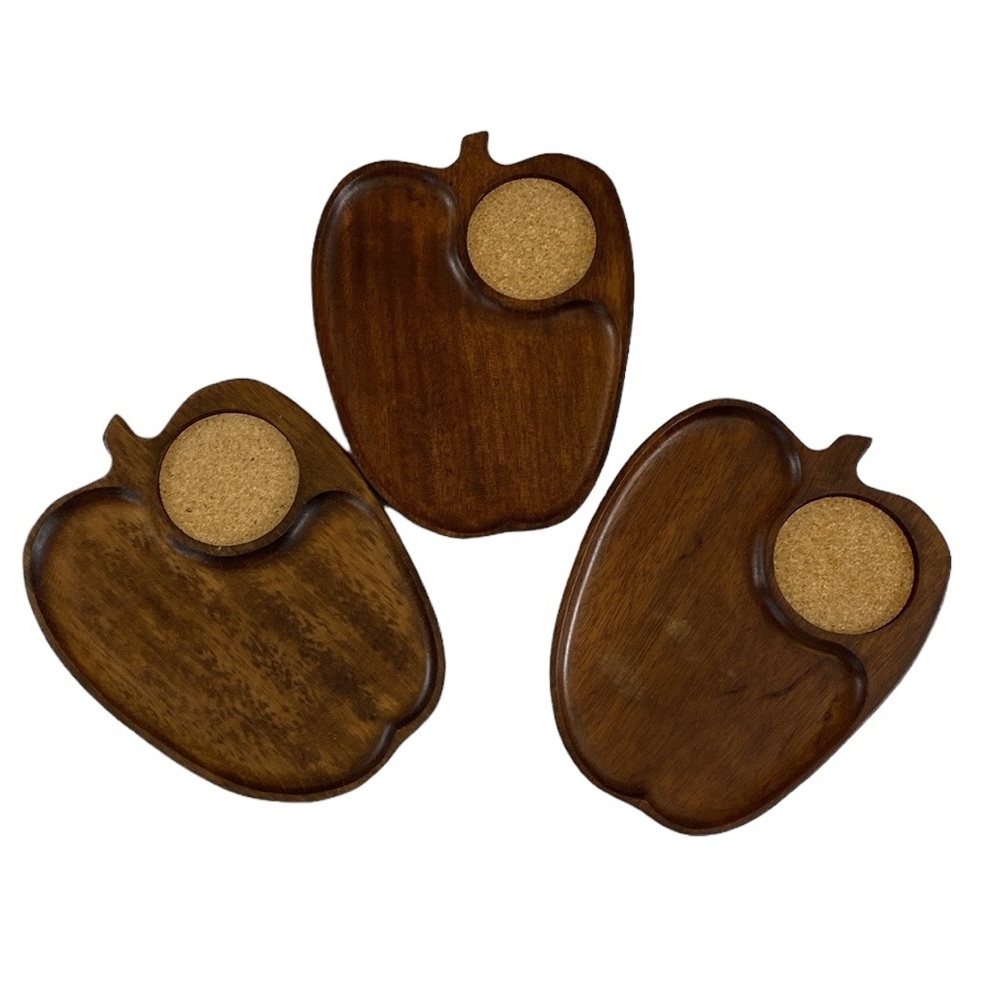 Vintage Gail Craft Quality‎ Woodenware Matoawood Snack Set Of 3 Apple Shape Tray